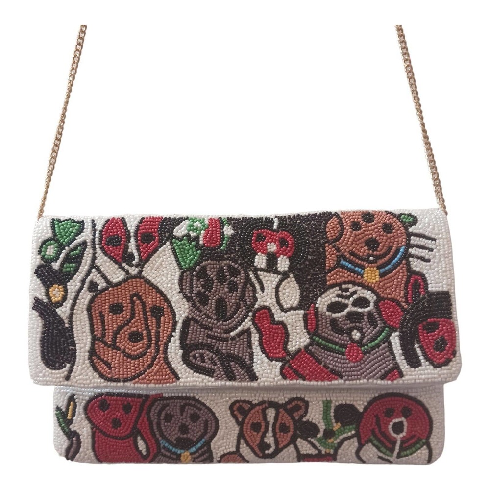 Vintage Beaded Clutch Crossbody Bag Purse Seed Bead Dog Lovers Gold Chain Strap